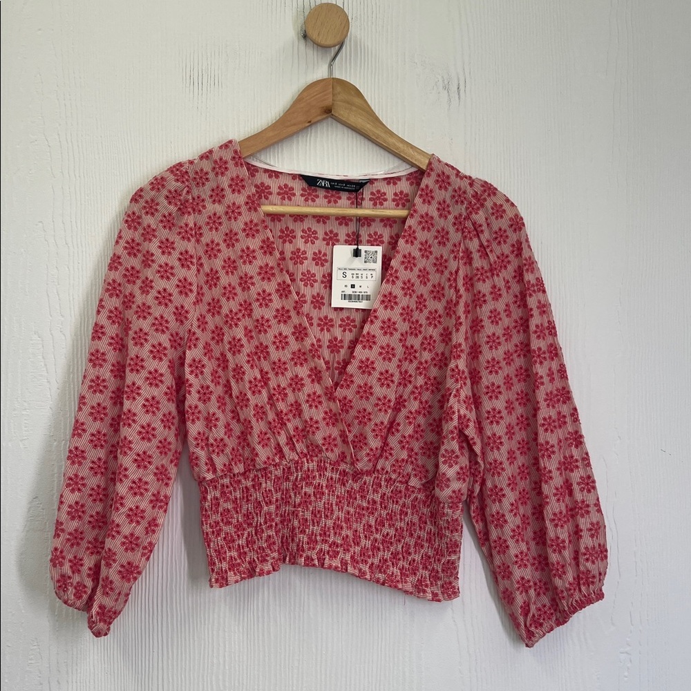 Zara - NWT Floral Print V Neck Smocked Waistband Quarter Sleeve Blouse Small - Picture 7 of 11